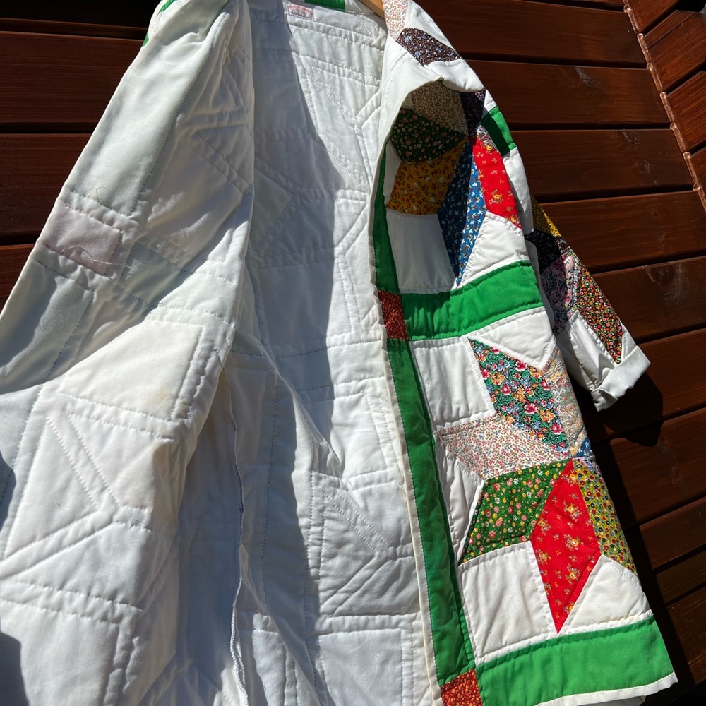 Handmade Star Patchwork Quilt Coat in Bright Green Trim - Picture 5 of 9